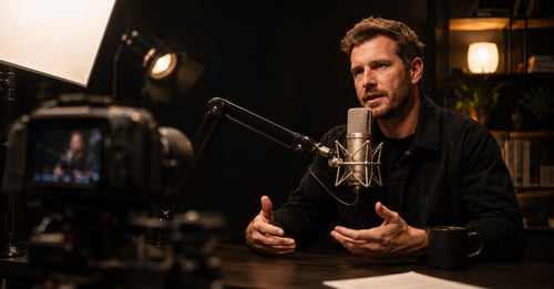 Estudio de grabación de podcasts profesional con iluminación cinematográfica y micrófono de radiodifusión. Databranding.
