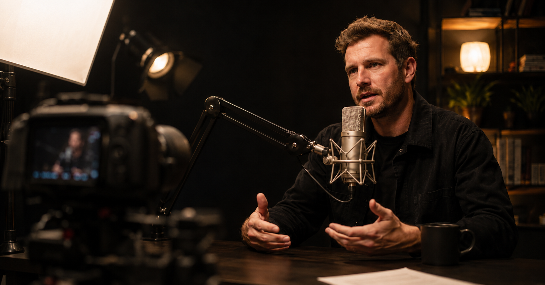 Professional podcast recording studio with cinematic lighting and a broadcast microphone.