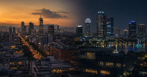 Split cityscape representing Mexican brands building content authority in the US market